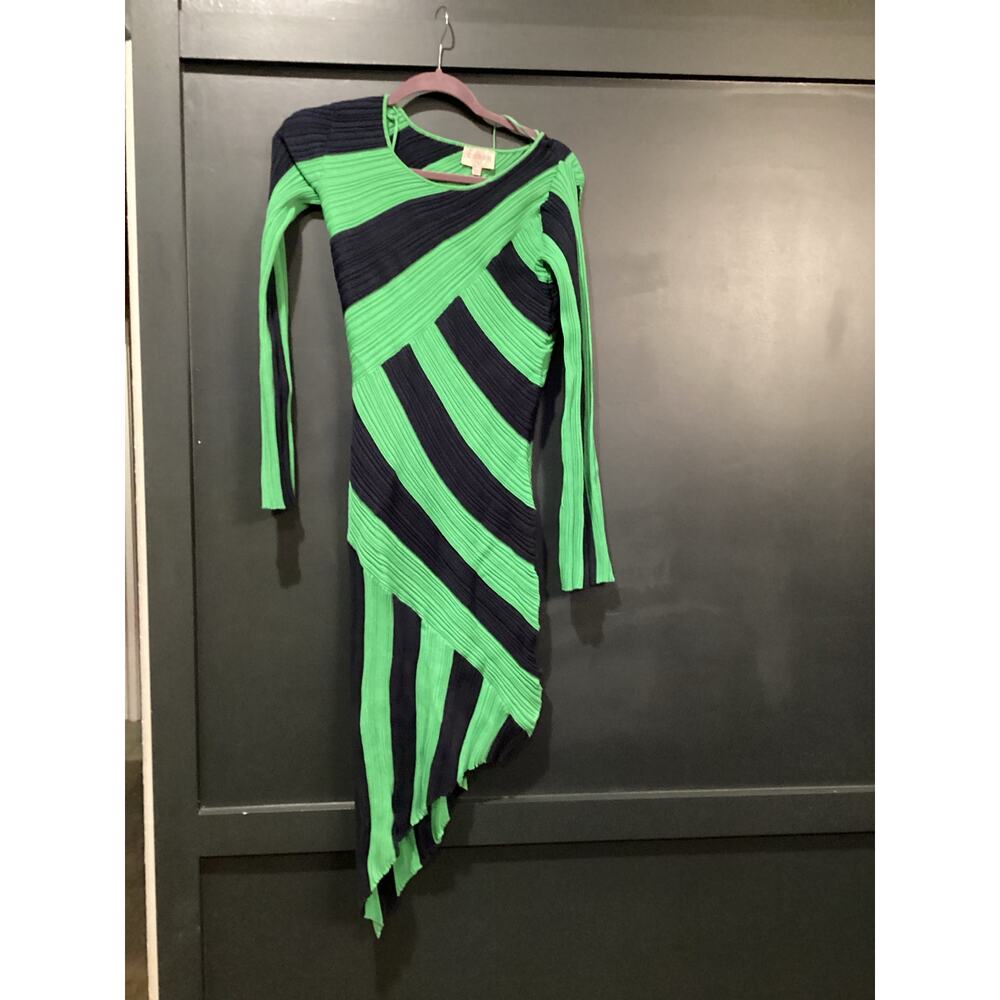 Ciebon Osha Directional Stripe Long Sleeve Asymmetric Knit Midi Dress Green S - Picture 10 of 12